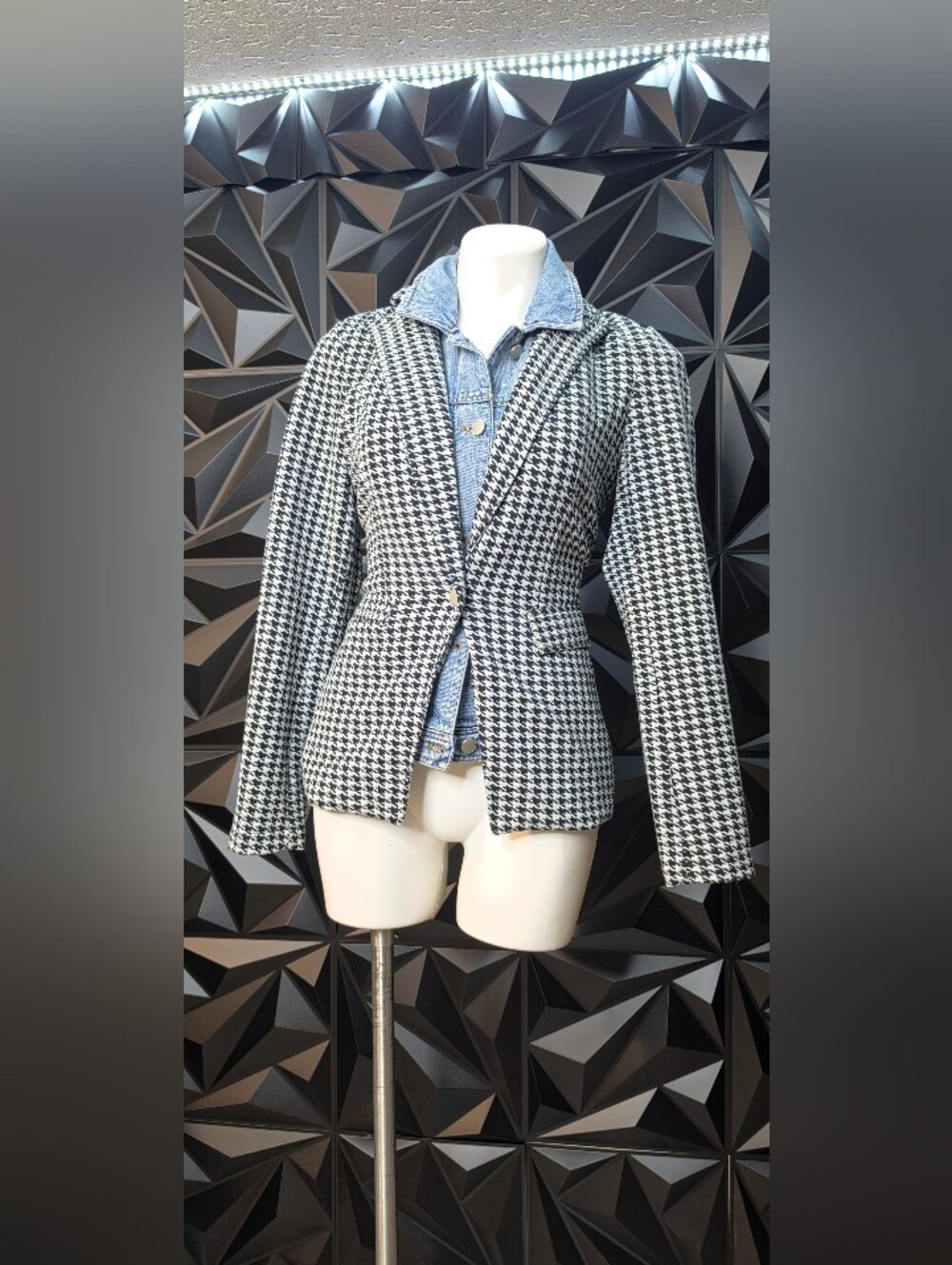 Houndstooth Layered denim Blazer - Black & White